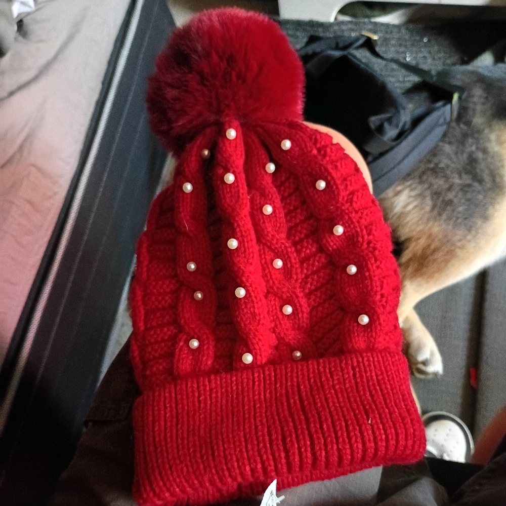 Red Knit Beanie with Pom and Pearls